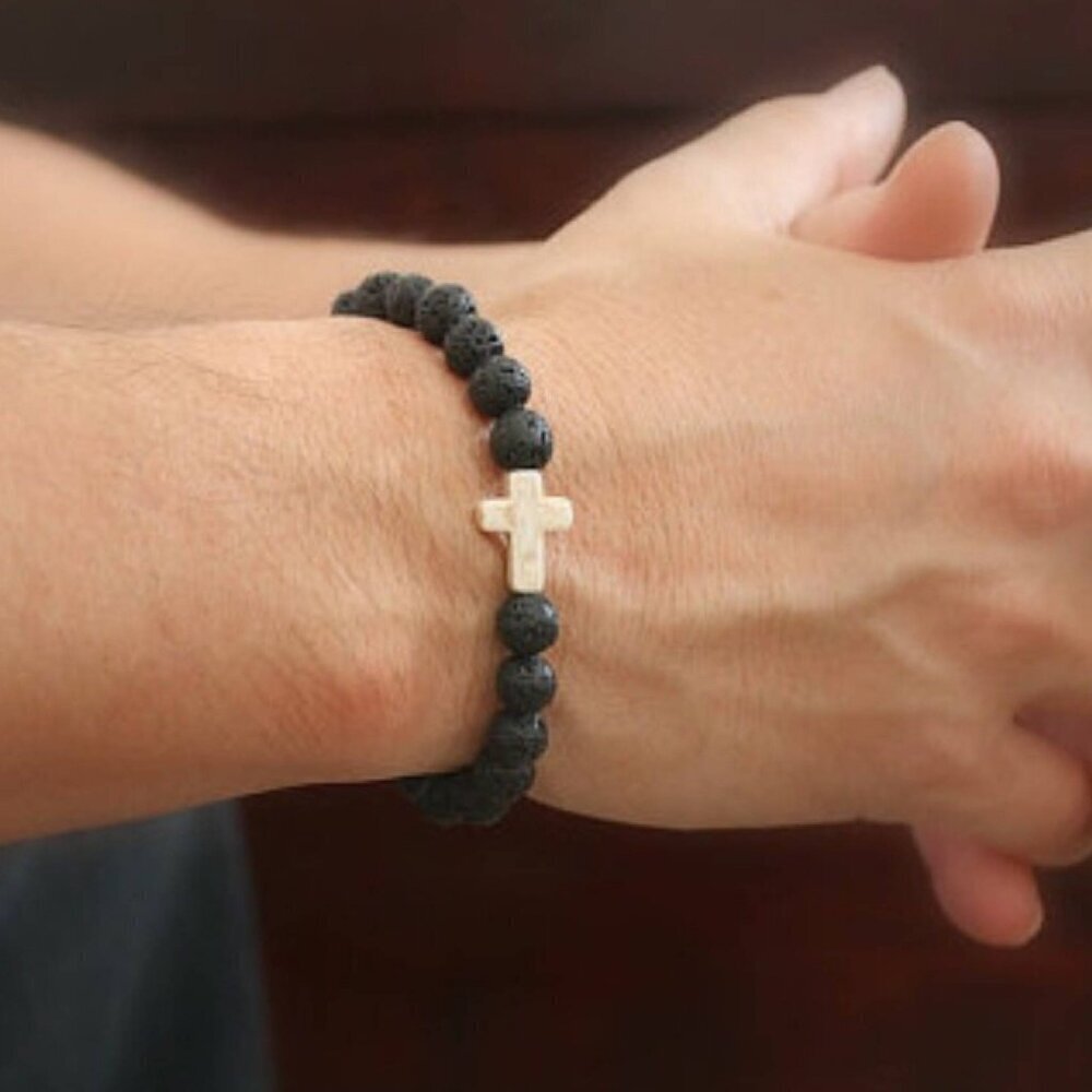 White Cross Black Lava Stone Beaded Stretch Bracelet 8mm beads - Size 8 inches